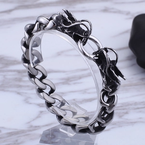 Retro stainless steel double dragon head chain bracelet with antique silver finish