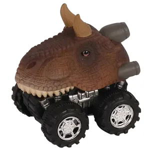 Detailed close-up of a Tyrannosaurus rex off-road pull-back toy car with textured skin