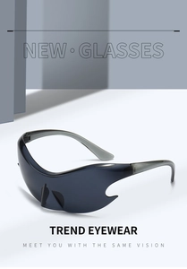 Macro detail of futuristic Y2K punk sunglasses with jagged edge and grey tinted lens