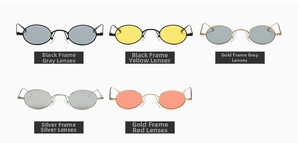 Detailed grid showing 5 oval steampunk sunglasses with metallic frames and varied lenses