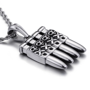 Gothic punk silver skull and bullet pendant necklace with twisted rope chain