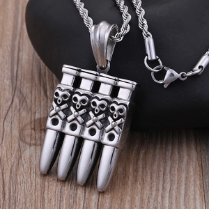 Silver skull embossed bullet pendant necklace for men with durable twist rope chain