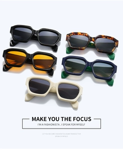 Close-up of stylish irregular geometric sunglasses in multiple trendy colors and lens tints