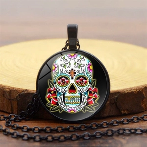 Silver Mexican Sugar Skull glass pendant necklace with colorful Day of the Dead rose art