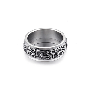 Vintage men's titanium steel ring featuring detailed scroll leaf engraving on wide band
