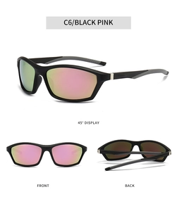 Three-angle view of black and pink sports sunglasses with colorful polarized lenses