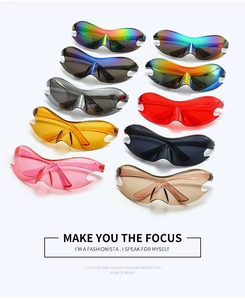 Futuristic Y2K punk sunglasses in various colorful wrap-around lens options shown in a grid
