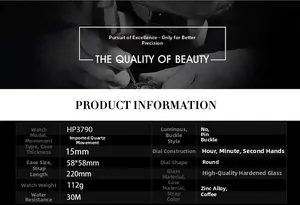 Spécifications de la montre quartz HP3790 avec boîtier en alliage de zinc et étanchéité 30M