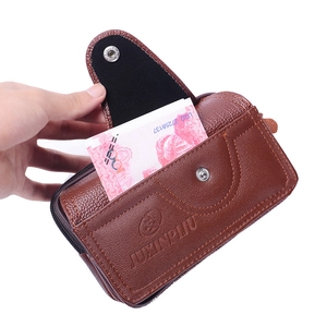Brown PU leather men's belt waist bag showing inner structure and storage capacity