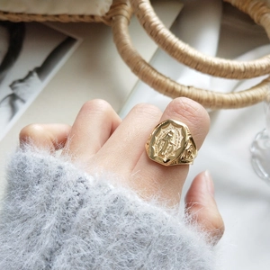 S925 sterling silver Virgin Mary signet ring in gold finish worn on finger