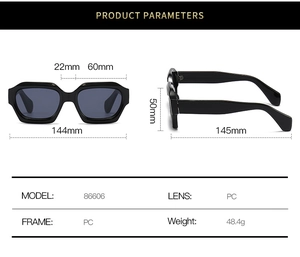 Detailed size specifications for rectangular chunky sunglasses with PC lens and frame info