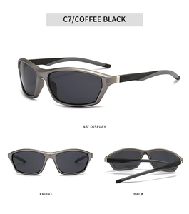 Three-angle views of coffee black sports sunglasses with grey polarized lenses