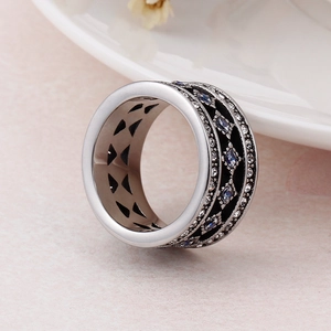 Retro stainless steel wide ring with blue and white zircon in vintage silver finish