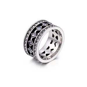 Men Wide Band Stainless Steel Ring White Zircon Geometric Hollow Out Rhombus Hip Hop Punk Vintage Jewelry