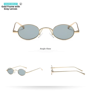 Multi-angle view of vintage oval sunglasses with gold metal frame and gray lenses