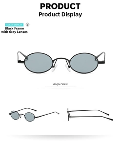 Three views of vintage oval sunglasses with black metal frames and grey lenses