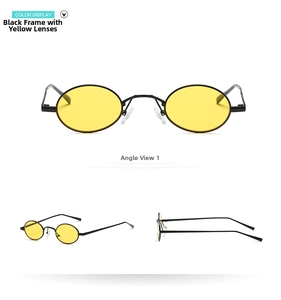 Detailed views of steampunk oval sunglasses featuring black metal frames and yellow lenses