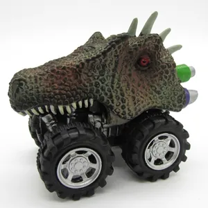 Detailed view of hand-painted dinosaur toy car with off-road tires and skin textures