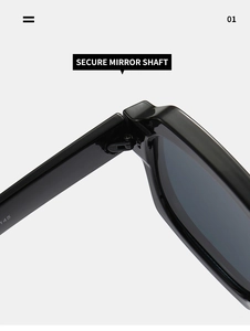 Detail view of reinforced metal hinge and mirror shaft on black square sunglasses