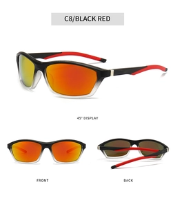 Three-view layout of C8 black and red sport sunglasses with orange mirrored lenses