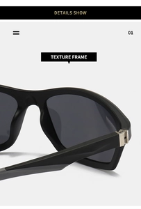Detail showing the precision metal hinge and matte black textured frame of sports sunglasses