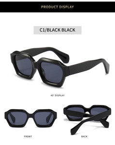 Detailed views of chunky black geometric sunglasses with dark grey polarized lenses