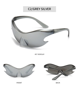 Three-angle view of silver Y2K futuristic sunglasses with flame-cut lens details