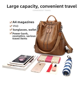 Flat lay of brown faux leather backpack showing capacity for iPad, phone and A4 magazine