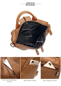 Detail of brown leather anti-theft backpack showing inner pockets and organized storage space