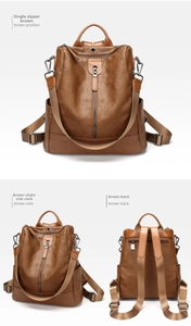 Three-view layout showing front, side and back of brown PU leather anti-theft backpack