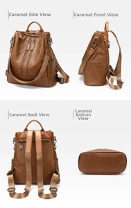 Caramel soft leather backpack shown from side, back, and bottom angles in detail
