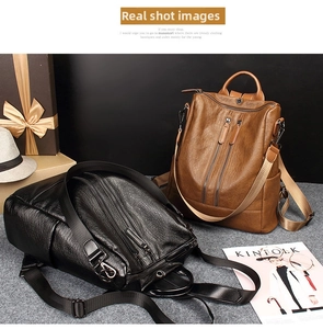 Detail view of retro brown and black PU leather backpacks with multiple zipper pockets