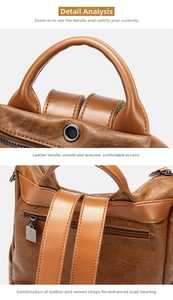Close-up of the brown leather backpack showing top handle and metal vent detail