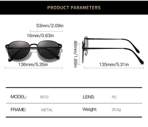 Detailed size parameters for oval metal sunglasses with dimensions and frame specifications