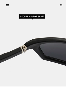 Close-up of the reinforced silver metal hinge on classic black cycling sunglasses