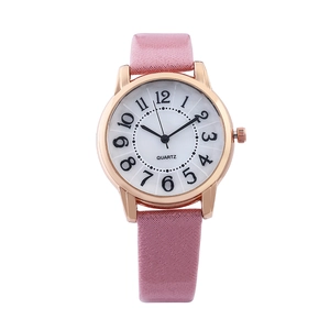 Fashion women's quartz watch with rose gold case, white dial and pink leather strap