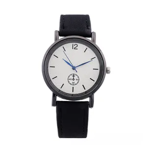 Minimalist quartz watch with white matte dial, blue hands, and black leather strap