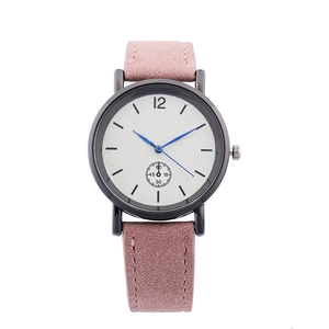 Pink leather quartz watch with black metal case and white textured dial for women