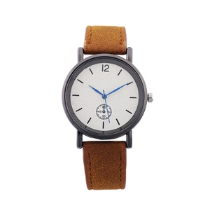 Minimalist quartz watch with brown leather strap, black case, and white textured dial