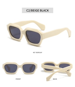 Three-dimensional view of beige geometric square sunglasses with black lenses and thick frame