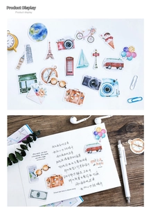 Detailed watercolor travel stickers featuring world landmarks and cameras for scrapbooking