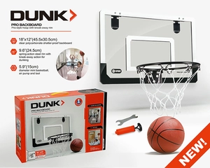 Detailed view of mini basketball hoop kit featuring a shatter-proof backboard and pump