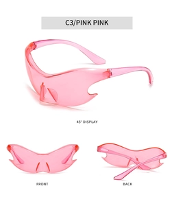 Multi-angle views of pink Y2K flame-shaped punk sunglasses with futuristic wrap design