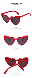 Three-way view of red heart-shaped sunglasses featuring dark grey protective lenses