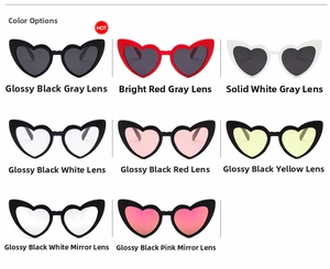 Multiple color options for heart-shaped sunglasses including red, black, and white frames