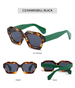 Multiple views of polygon sunglasses with tortoiseshell frames and dark green temples