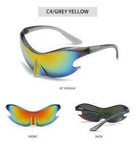 Three-way view of Y2K futuristic wrap sunglasses showing front, back, and 45-degree angles