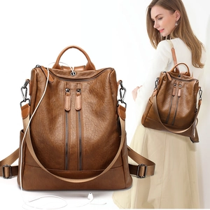 Women Fashion Backpack Soft PU Leather Anti-Theft Multi-Pocket Korean Casual Travel Bag With Earphone Hole