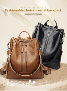 Detail of vintage PU leather backpacks in black and caramel with earphone hole design