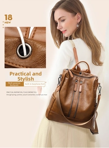Detail view of anti-theft leather backpack for women with headphone port and adjustable straps